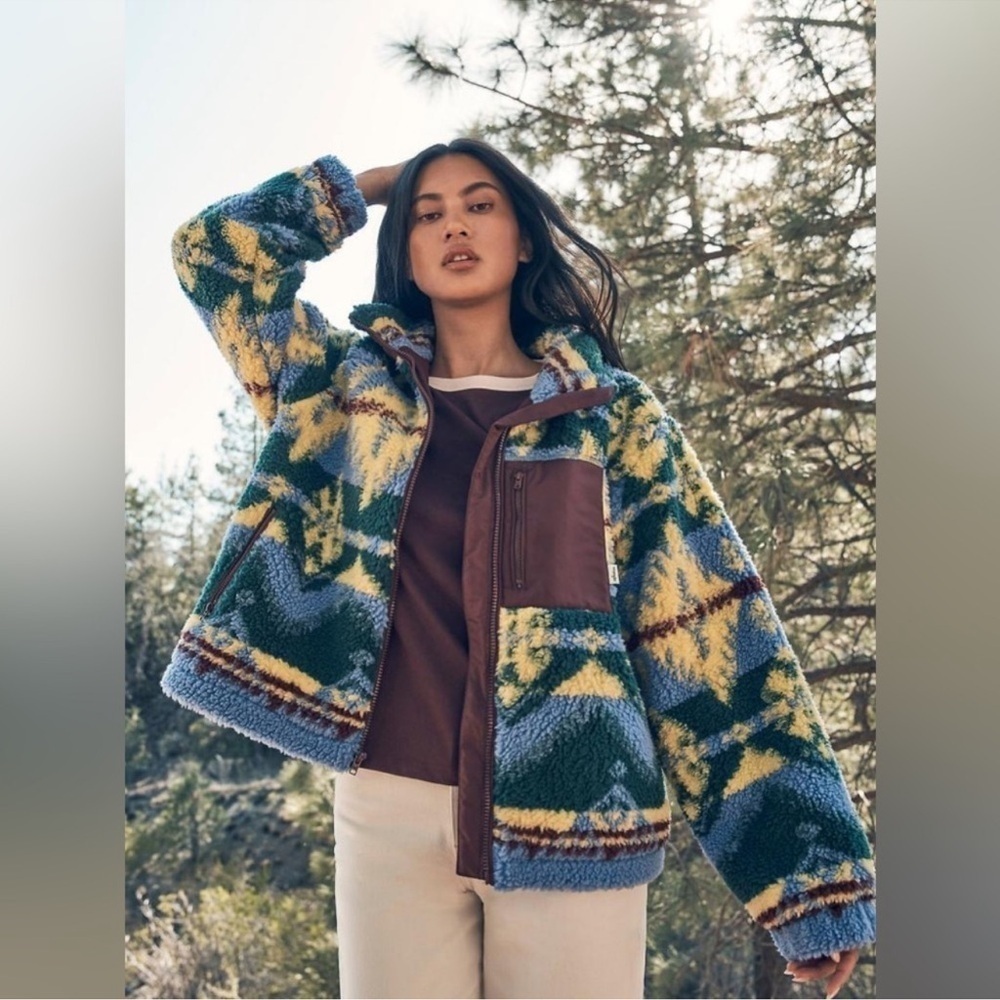 Wrangler Multi Colored Tribal Boho Southern Western Sherpa Fleece Zip Jacket NWT